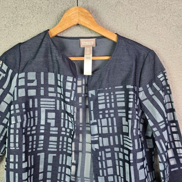 Chicos Lightweight Blue Gray Burnout Jacket Size 0 Geometric Pattern 3/4 Sleeve - Picture 11 of 15